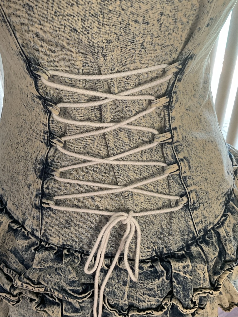 Vintage 80s Notorious Acid Wash Denim Dress 7/8 Ruffle Puff Sleeve Mini - Picture 8 of 8